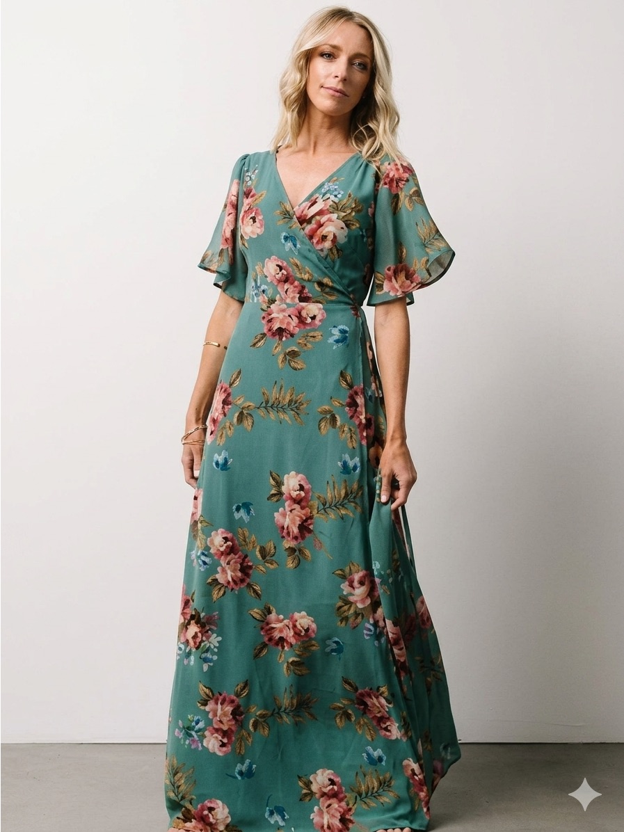 Baltic Born Floral Wrap Maxi Dress In Teal Green